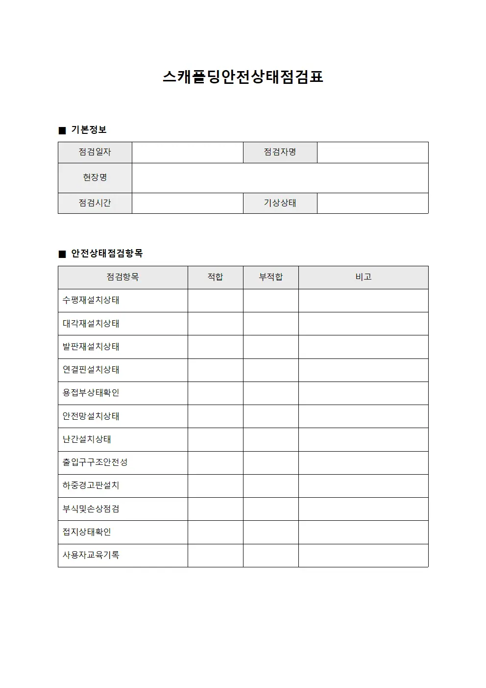 스캐폴딩안전상태점검표