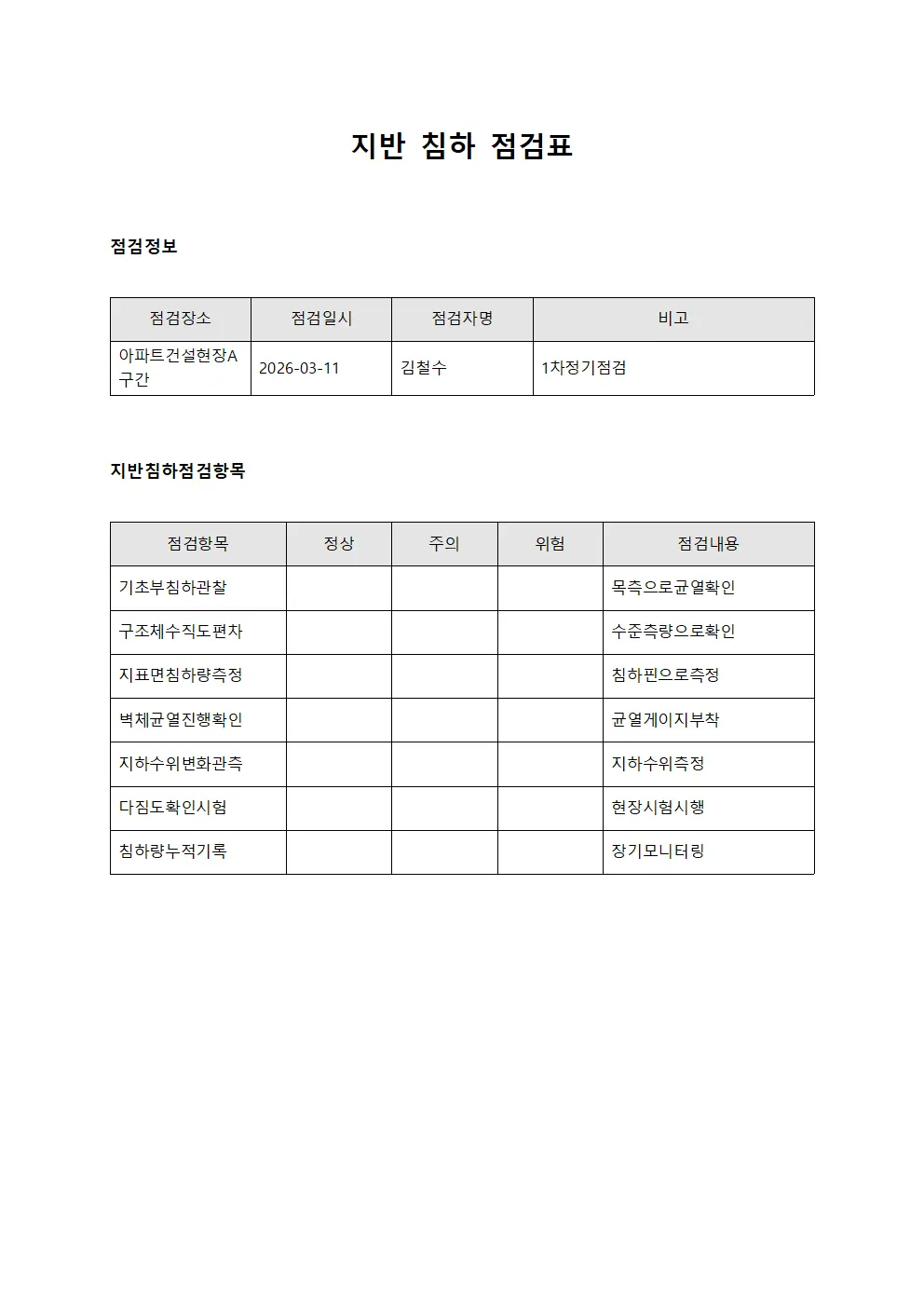 지반 침하 점검표 템플릿