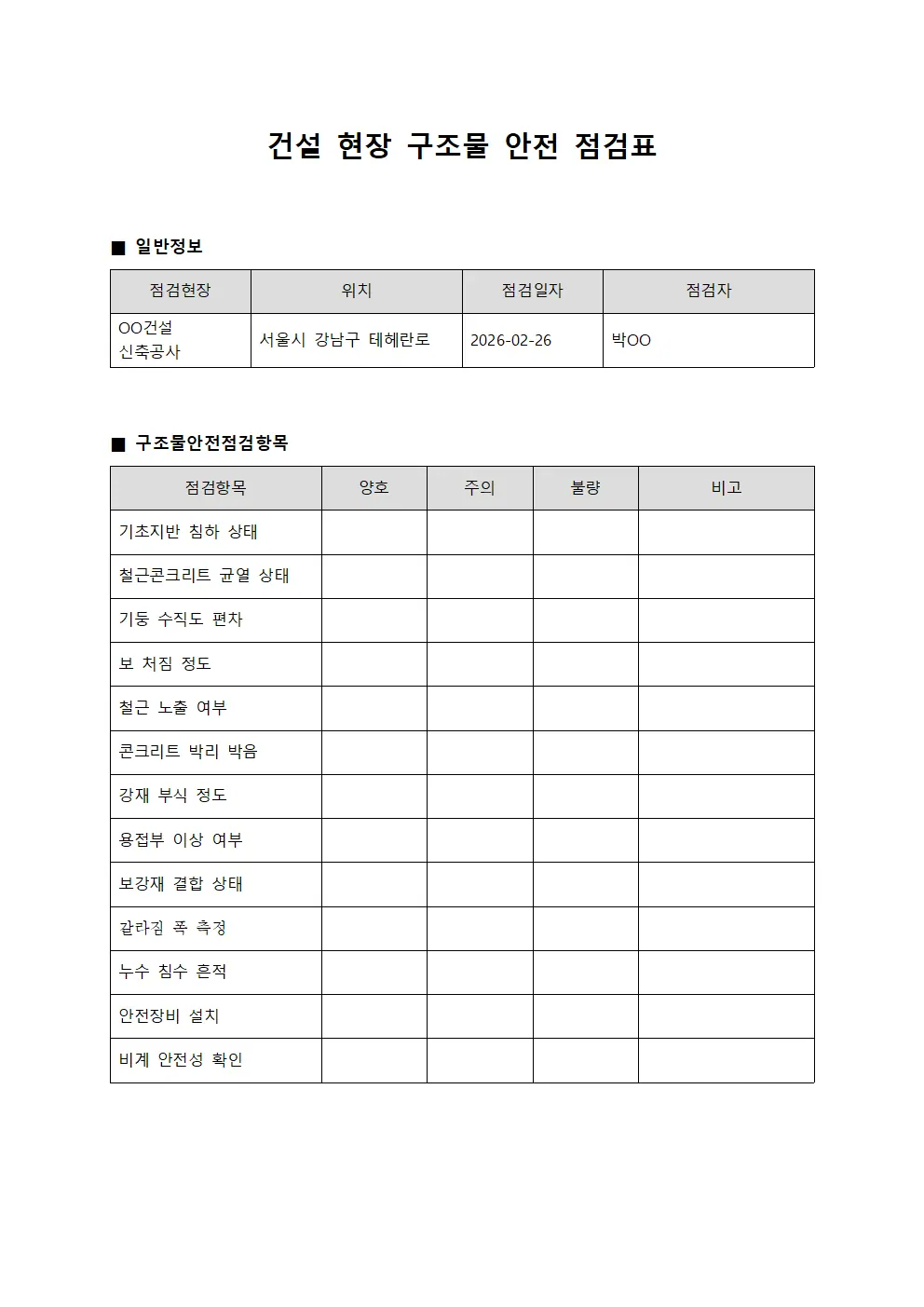건설 현장 구조물 안전 점검표