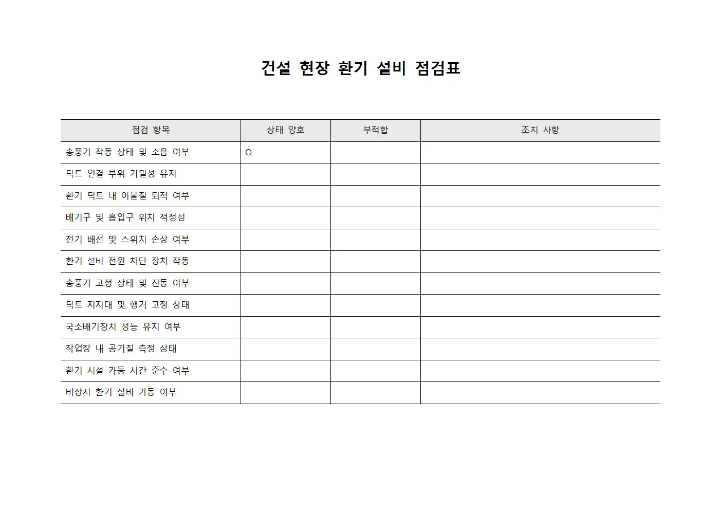 건설 현장 환기 설비 점검표