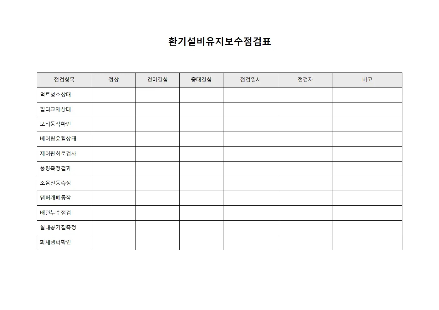 환기설비유지보수점검표 템플릿 서식