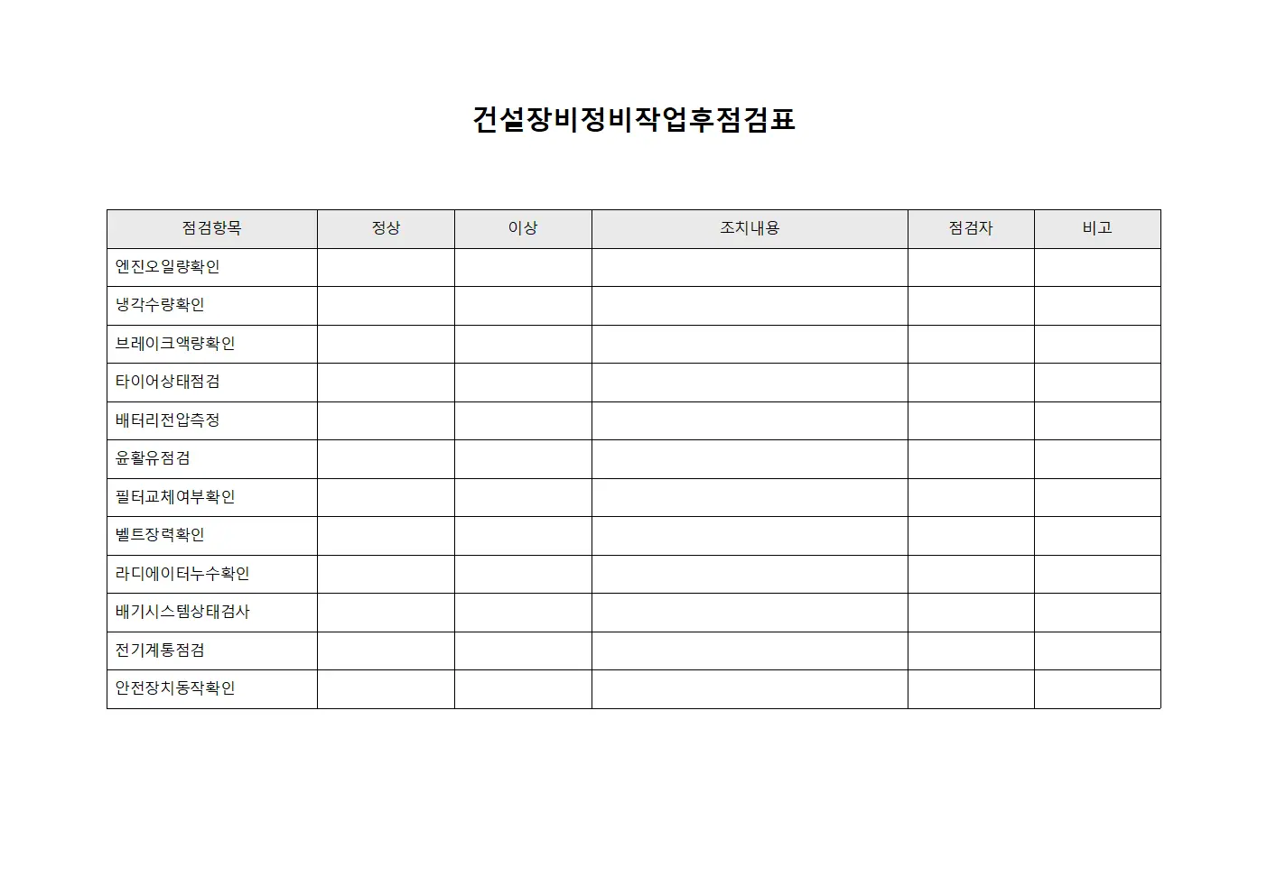 건설장비정비작업후점검표
