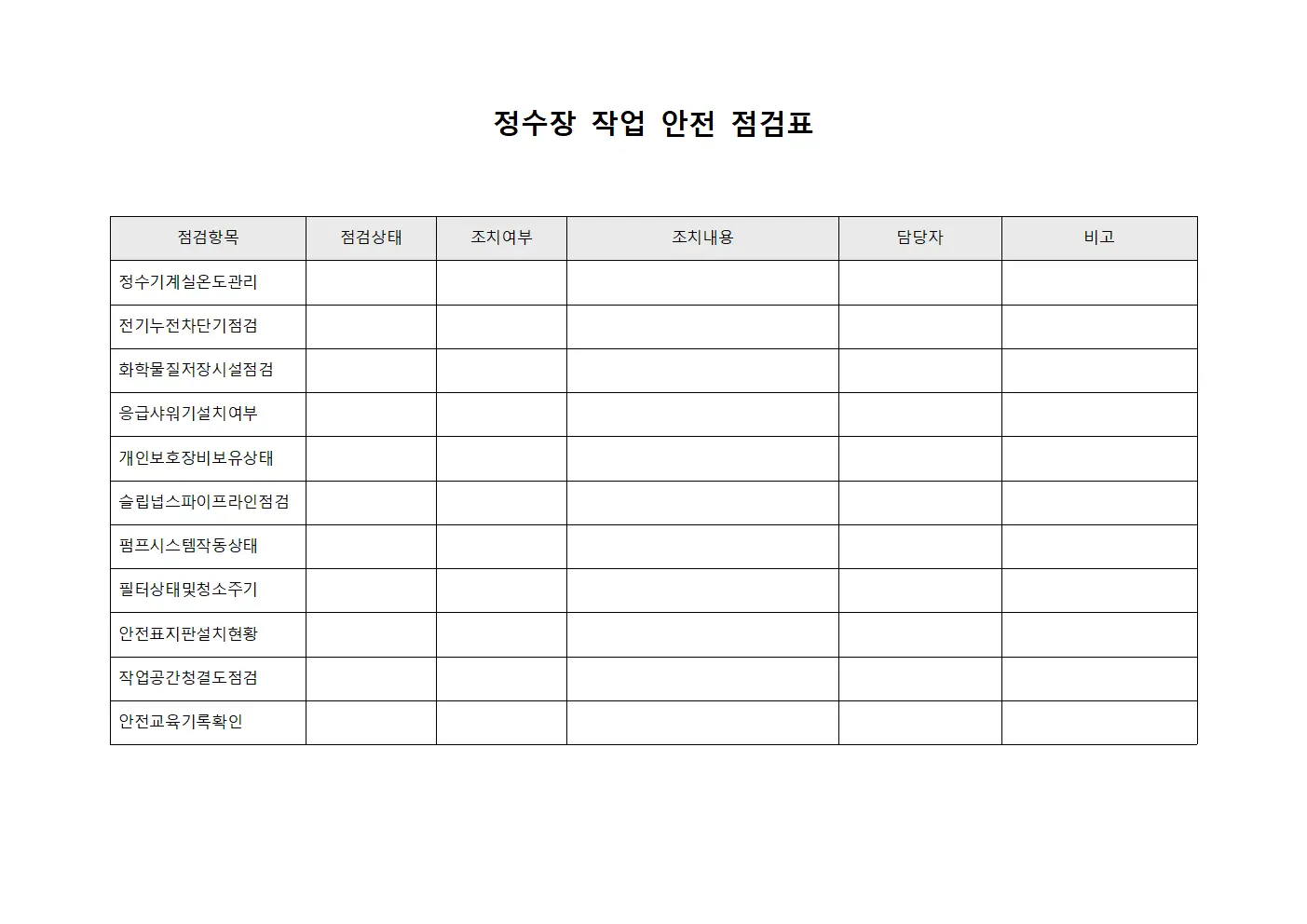 정수장 작업 안전 점검표 서식파일