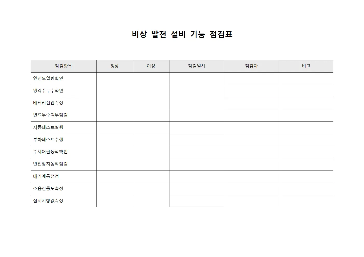 비상 발전 설비 기능 점검표