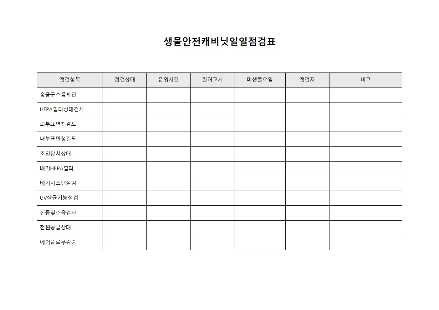 생물안전캐비닛일일점검표 문서.양식