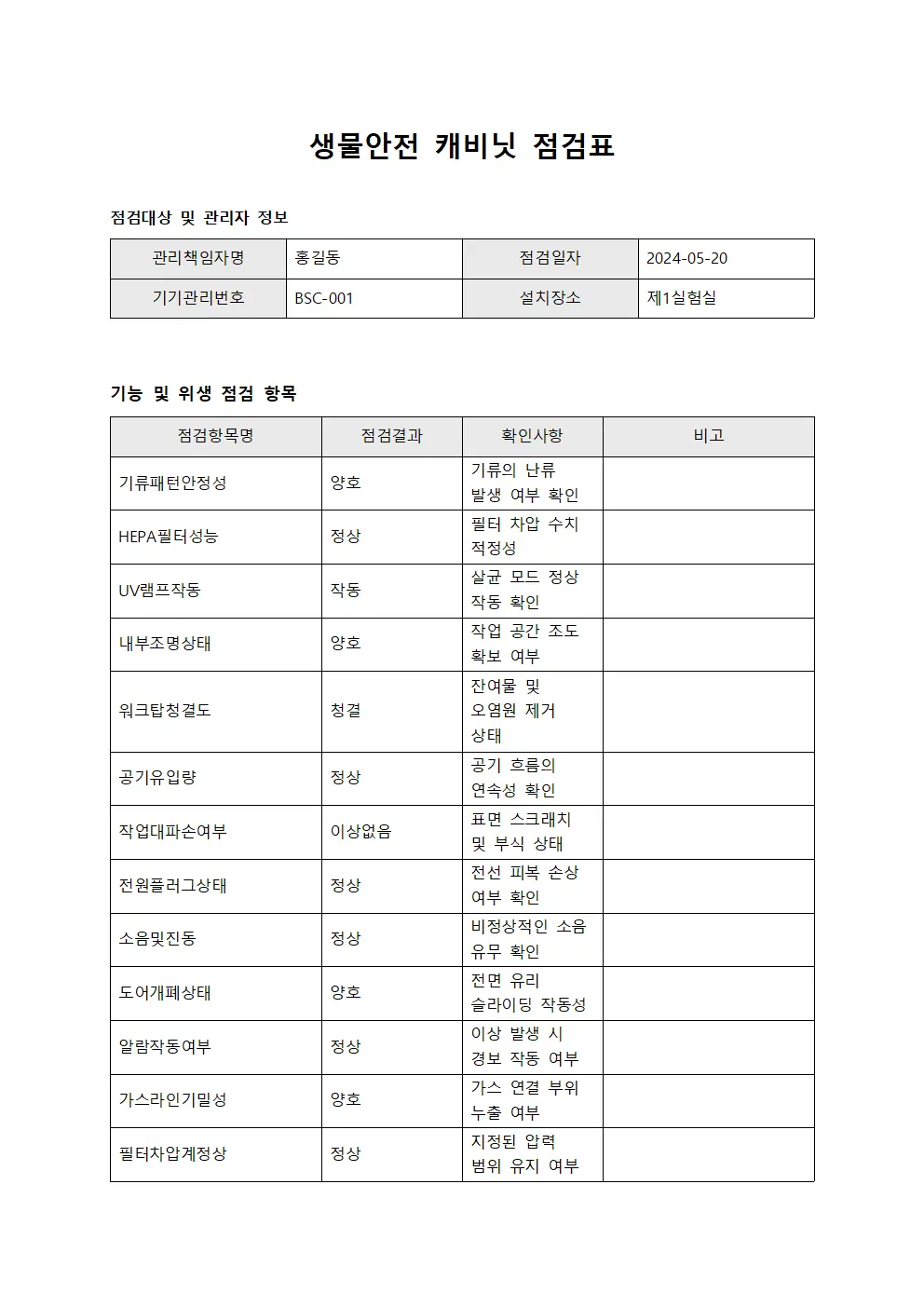 생물안전 캐비닛 점검표 템플릿 서식