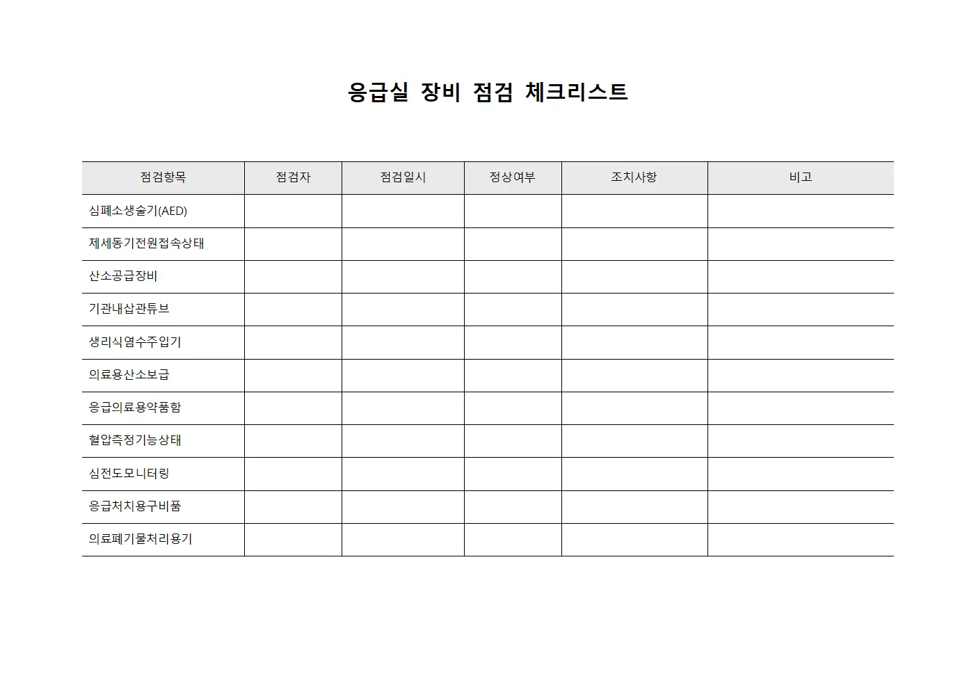 응급실 장비 점검 체크리스트 템플릿 서식