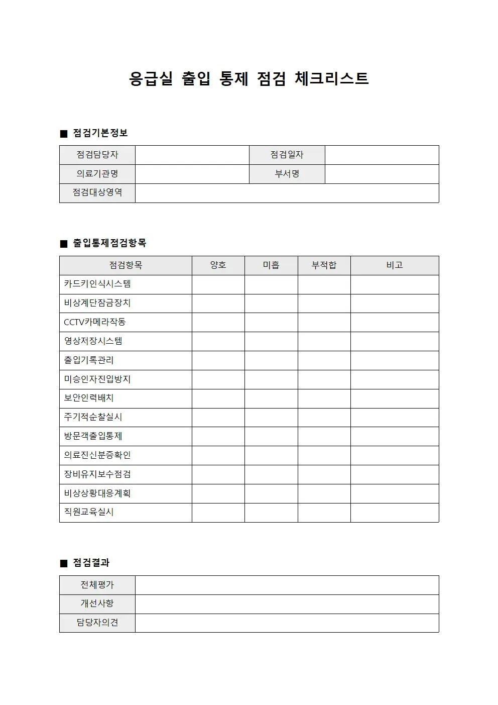 응급실 출입 통제 점검 체크리스트