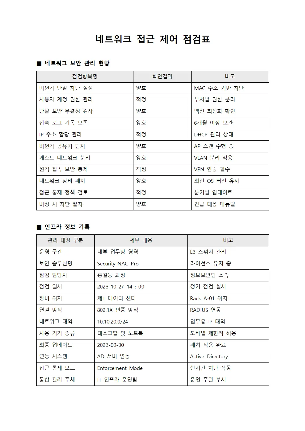 네트워크 접근 제어 점검표 서식