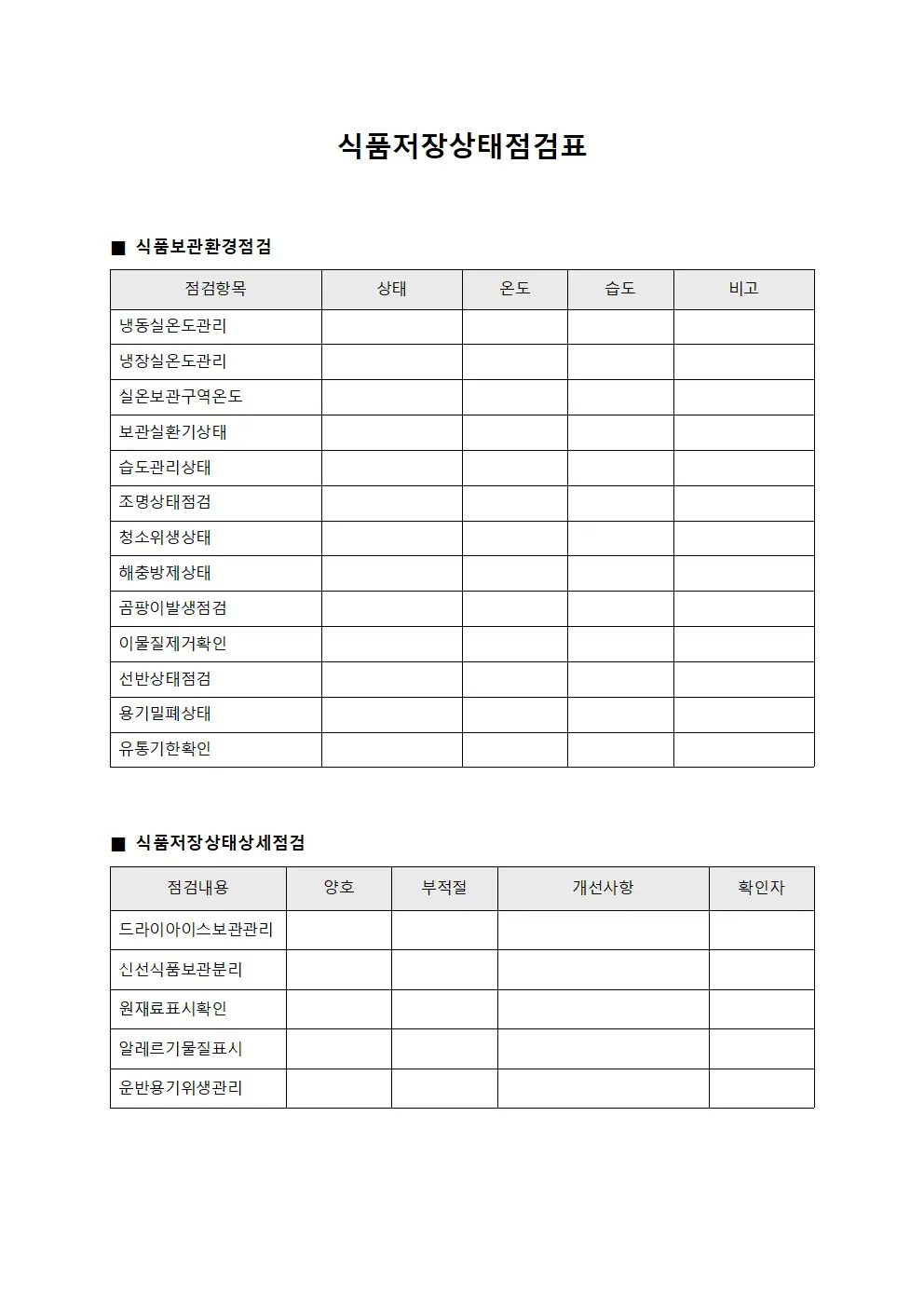 식품저장상태점검표