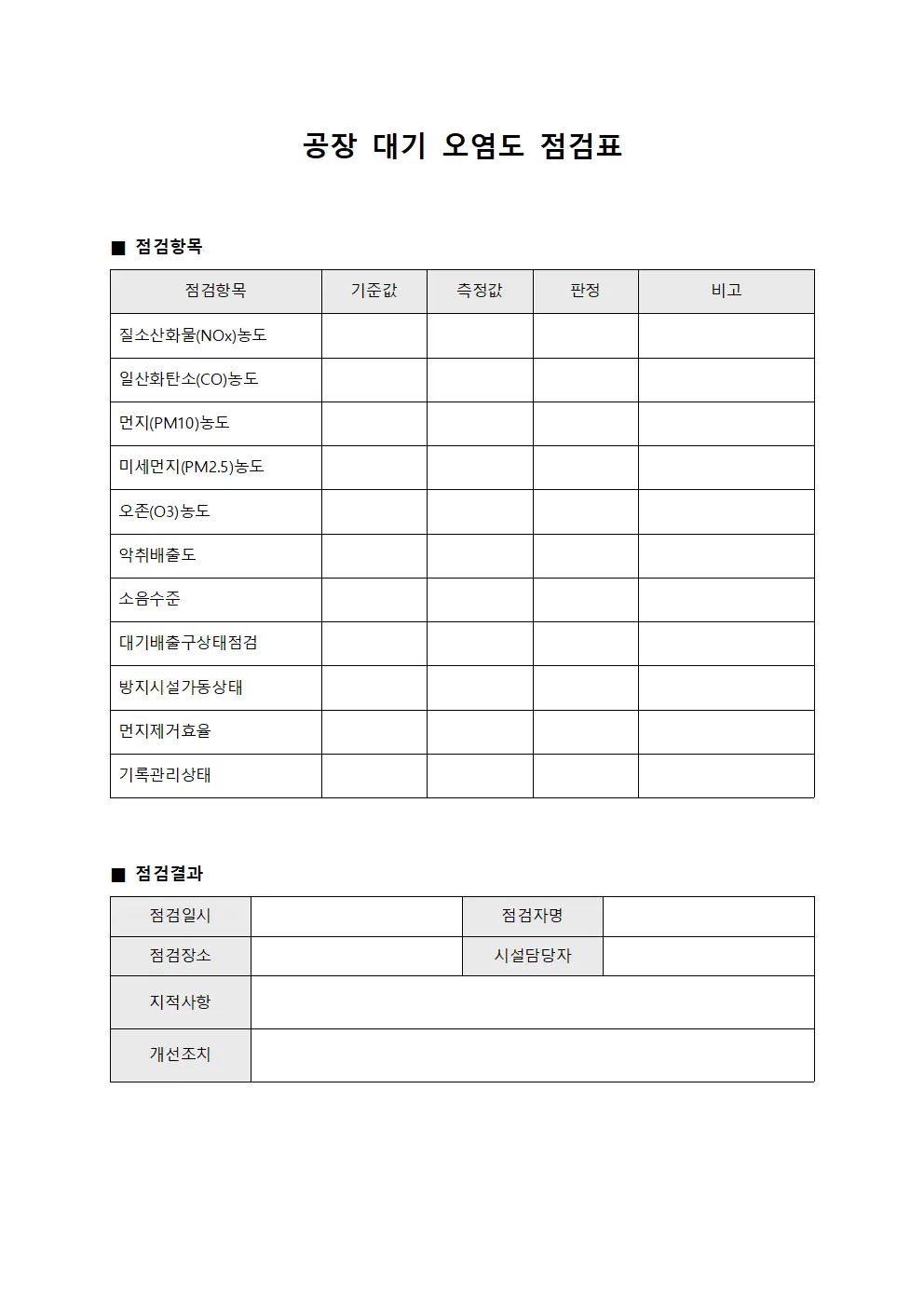 공장 대기 오염도 점검표 문서서식