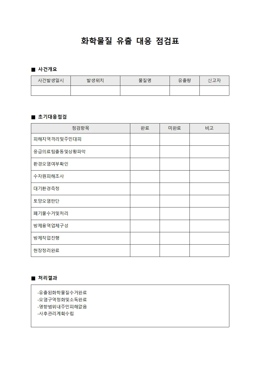 화학물질 유출 대응 점검표