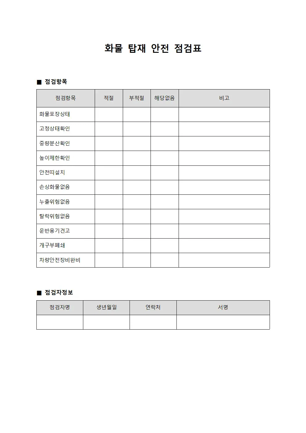 화물 탑재 안전 점검표 문서양식