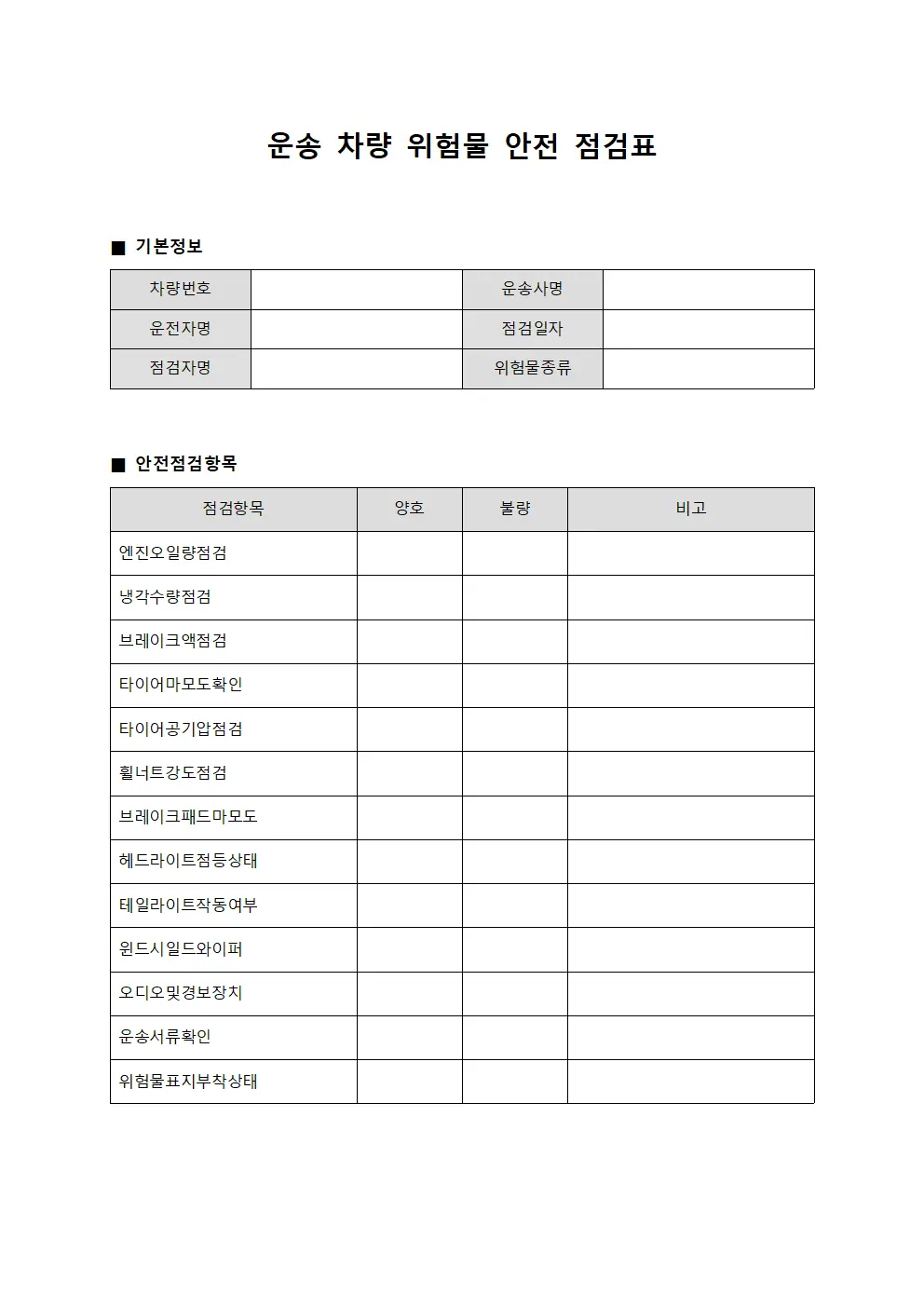 운송 차량 위험물 안전 점검표 양식파일