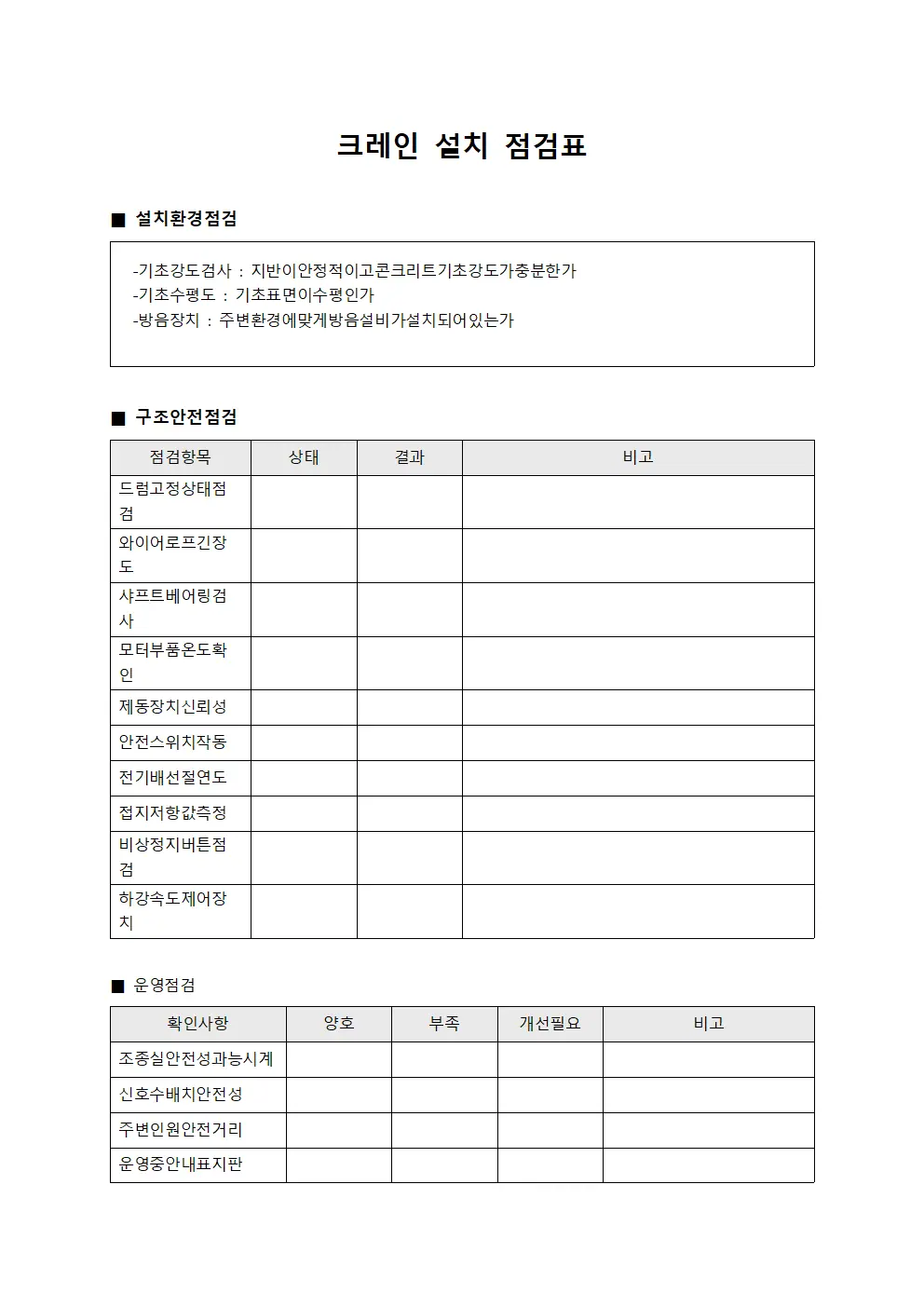 크레인 설치 점검표