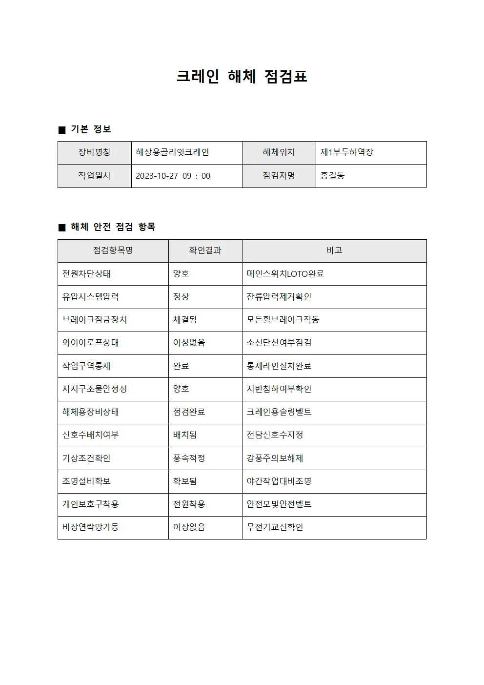 크레인 해체 점검표