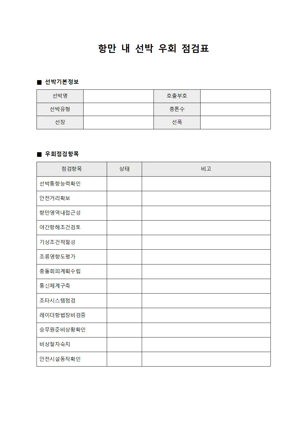 항만 내 선박 우회 점검표