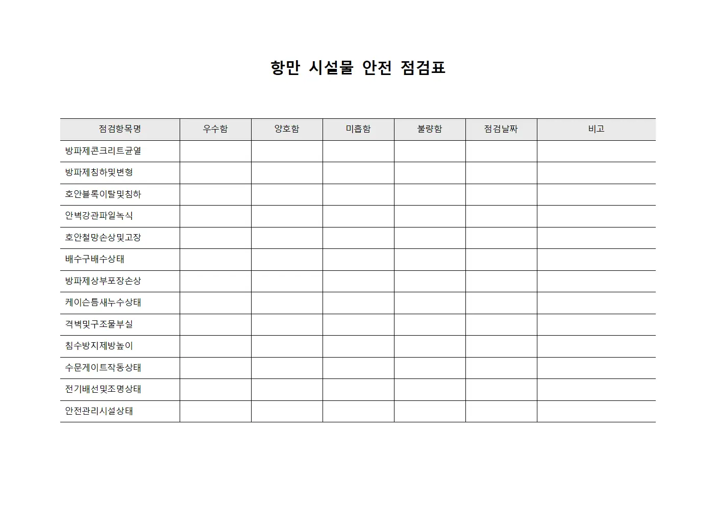 항만 시설물 안전 점검표