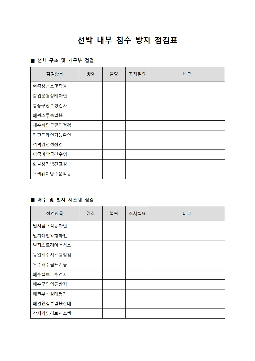 선박 내부 침수 방지 점검표 파일양식