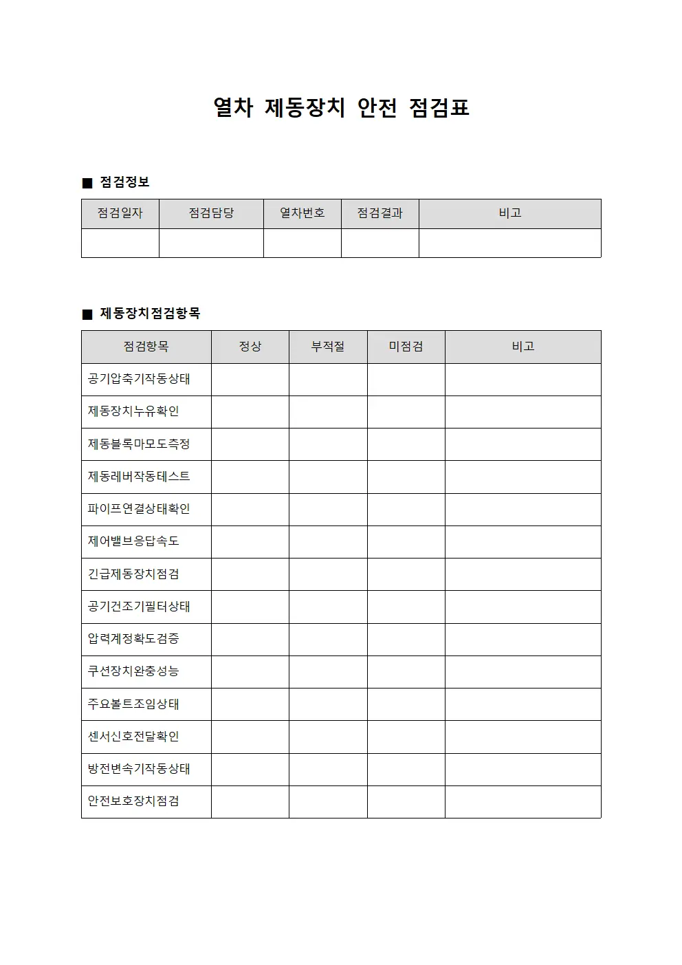 열차 제동장치 안전 점검표 양식파일