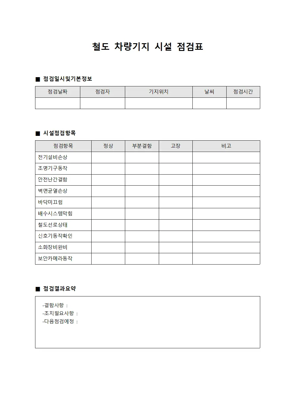 철도 차량기지 시설 점검표