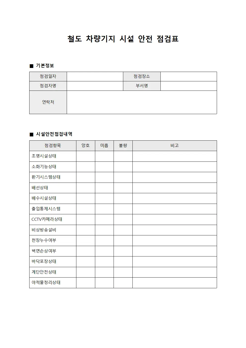 철도 차량기지 시설 안전 점검표