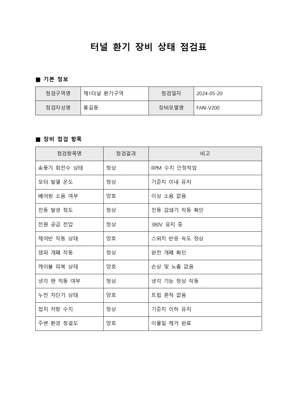 터널환기장비상태점검표 파일서식