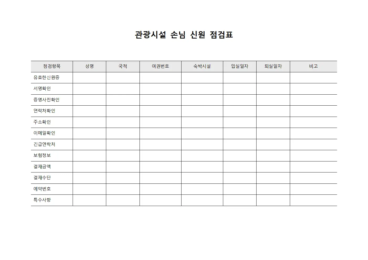 관광시설 손님 신원 점검표