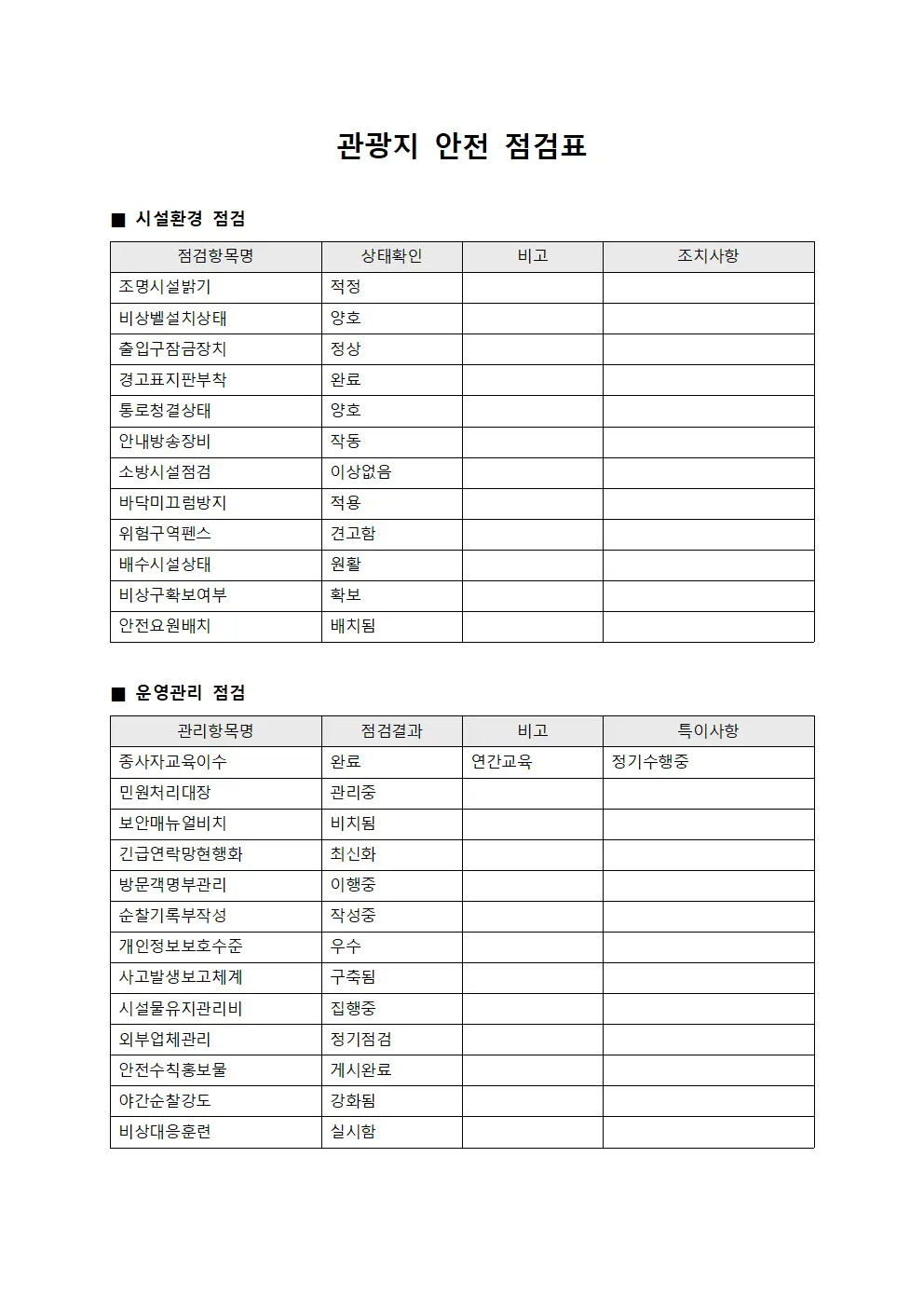 관광지 안전 점검표 템플릿 서식