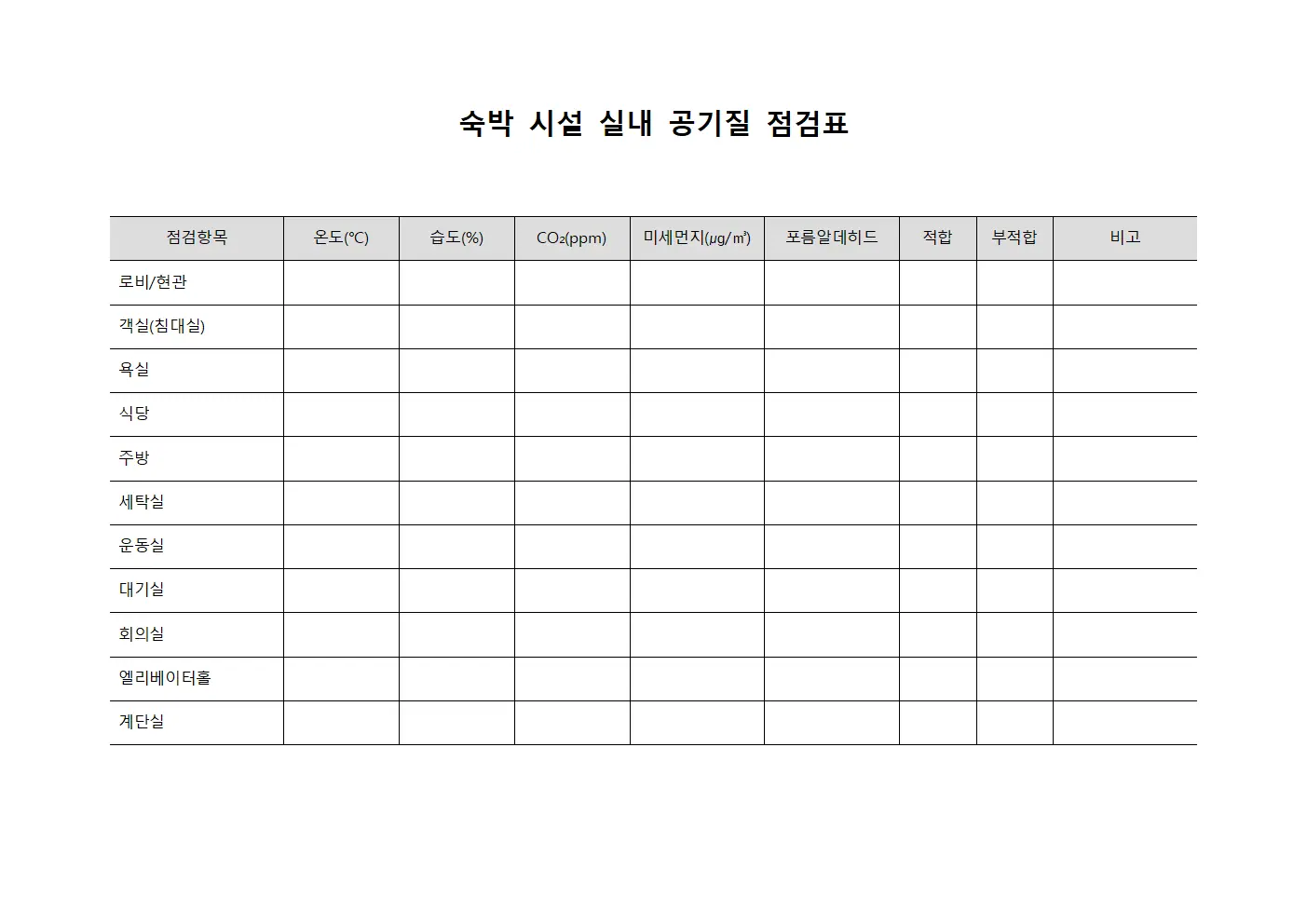 숙박 시설 실내 공기질 점검표