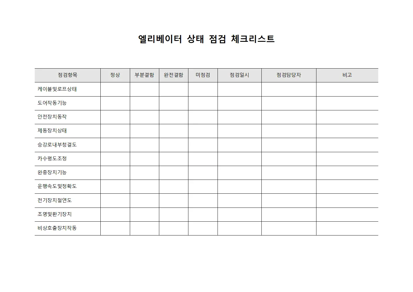 엘리베이터 상태 점검 체크리스트 문서서식