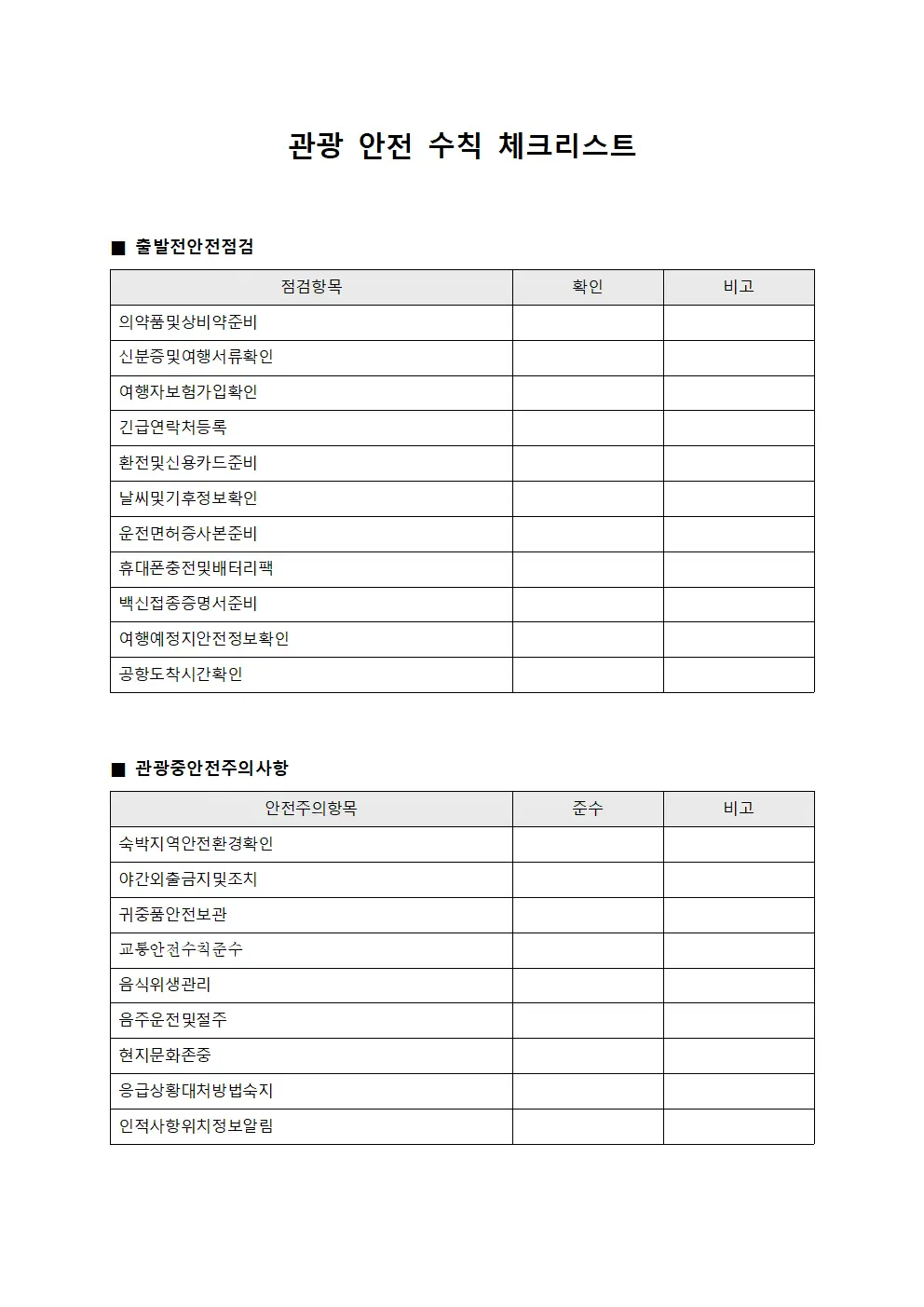 관광 안전 수칙 체크리스트