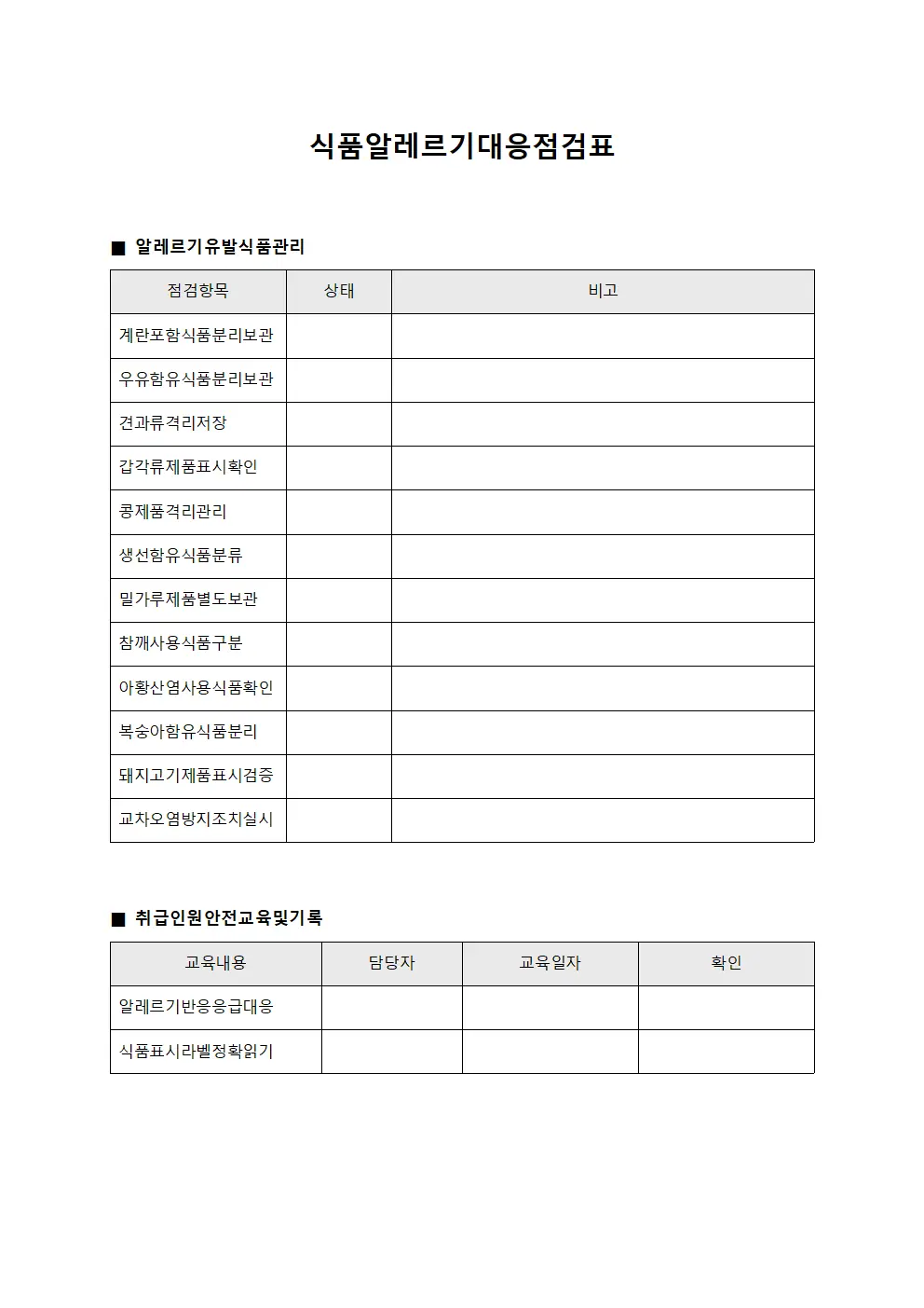 식품알레르기대응점검표