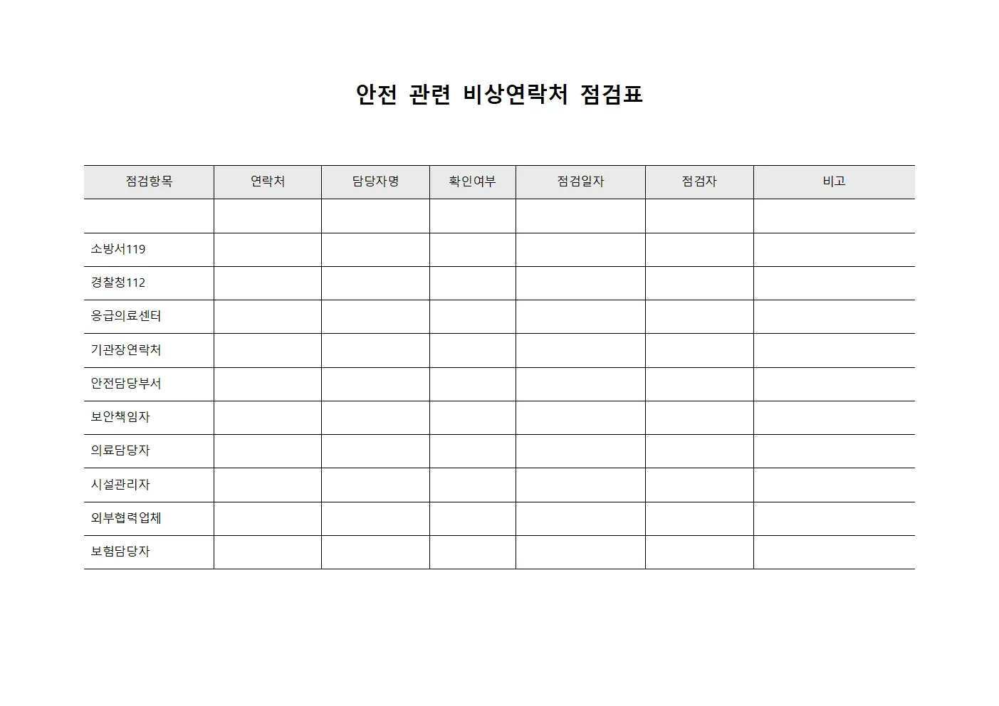 안전 관련 비상연락처 점검표 양식.서식