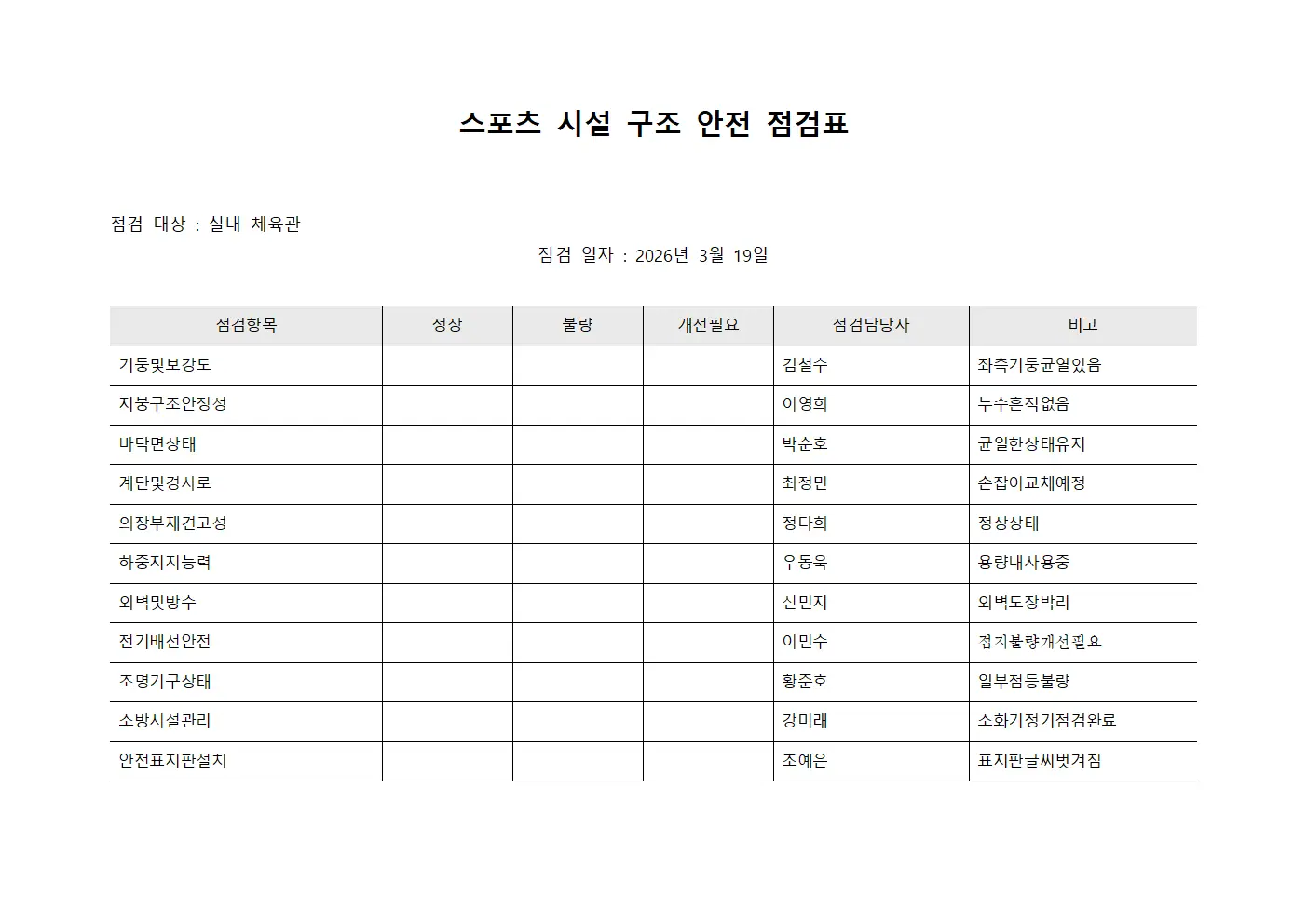 스포츠 시설 구조 안전 점검표
