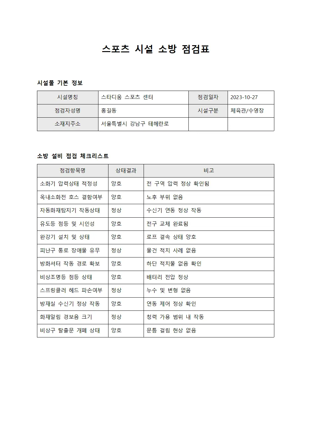 스포츠 시설 소방 설비 점검표