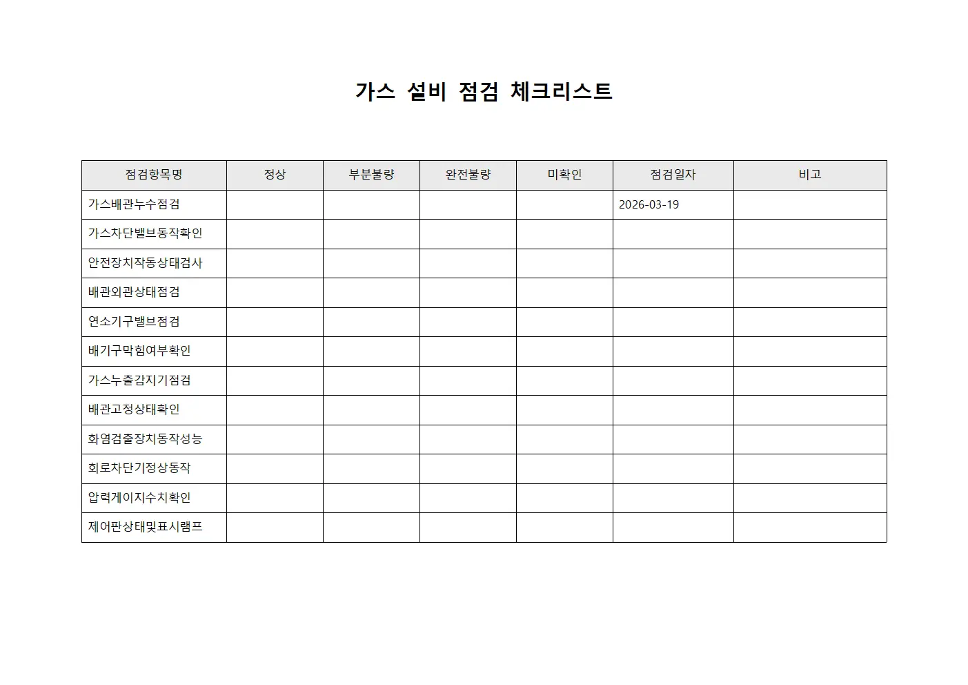 가스 설비 점검 체크리스트