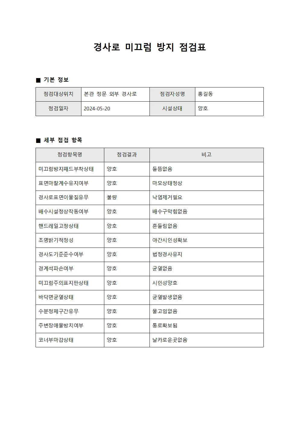 경사로 미끄럼 방지 점검 체크리스트 문서.양식