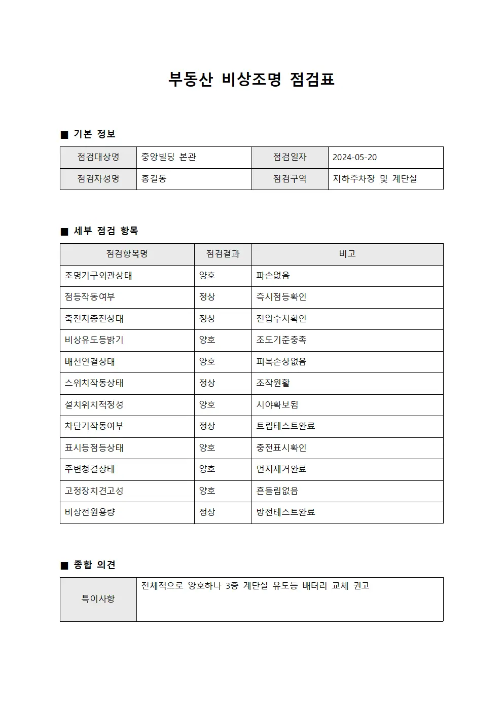 부동산 비상조명 점검표