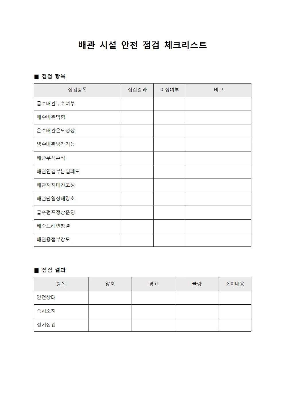 배관 시설 안전 점검 체크리스트