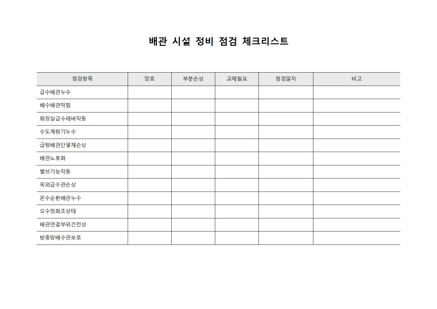 배관 시설 정비 점검 체크리스트