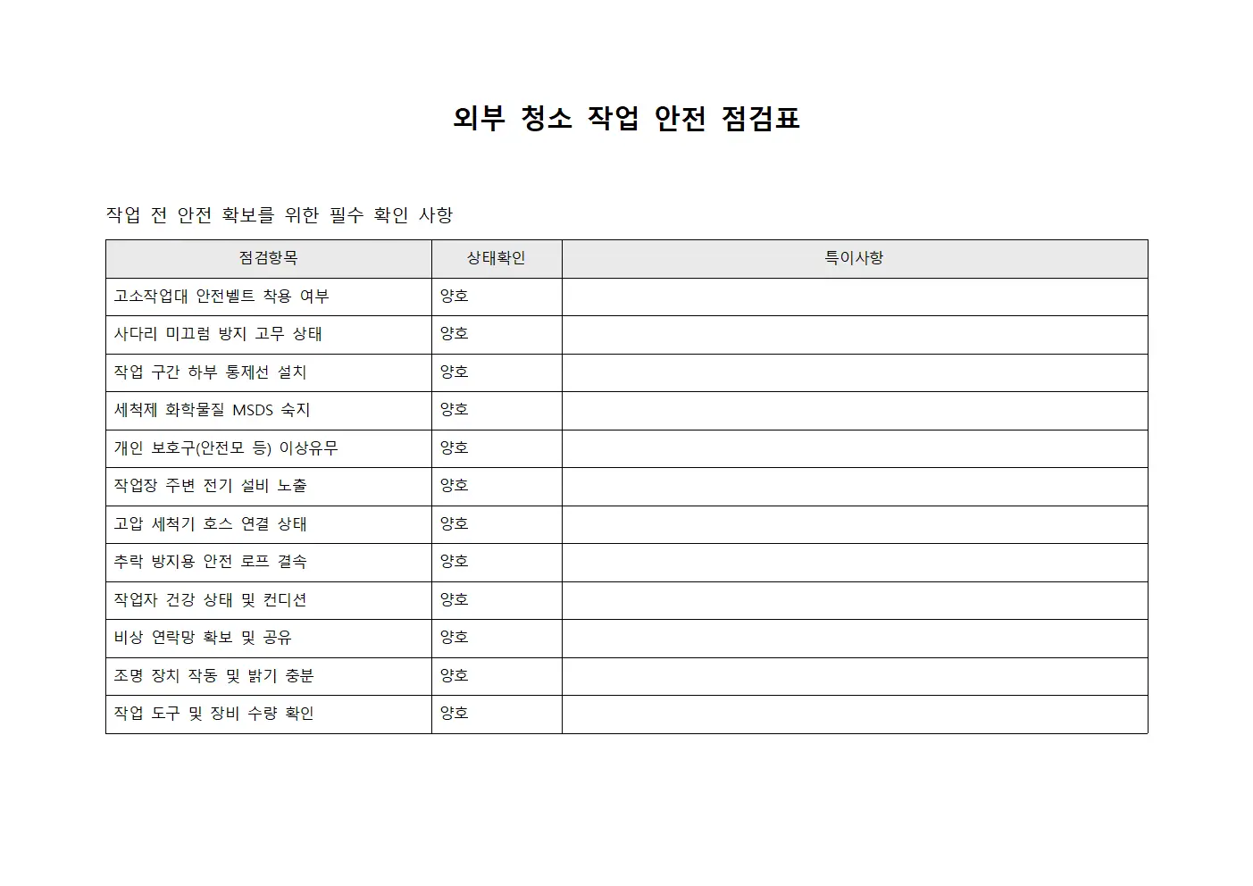 외부 청소 작업 전 안전 점검표 문서양식
