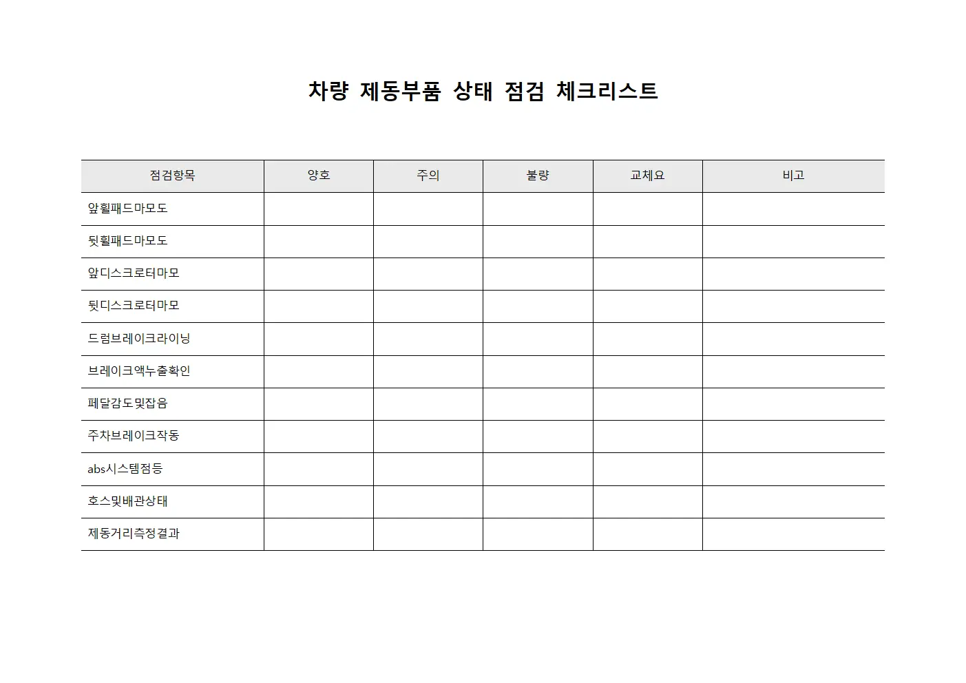 차량 제동부품 상태 점검 체크리스트