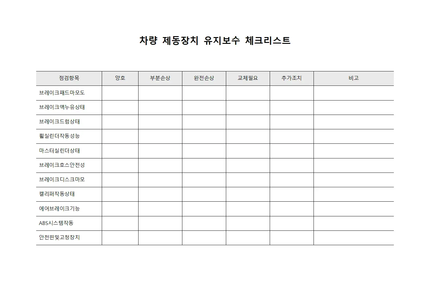 차량 제동장치 유지보수 체크리스트