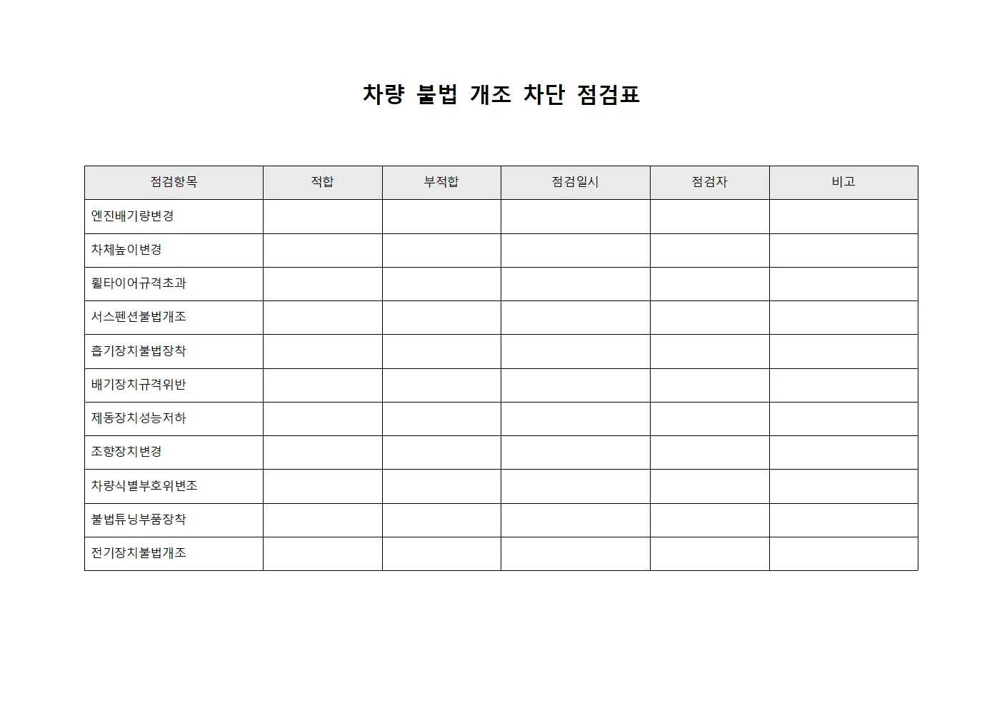 차량 불법 개조 차단 점검표 파일양식