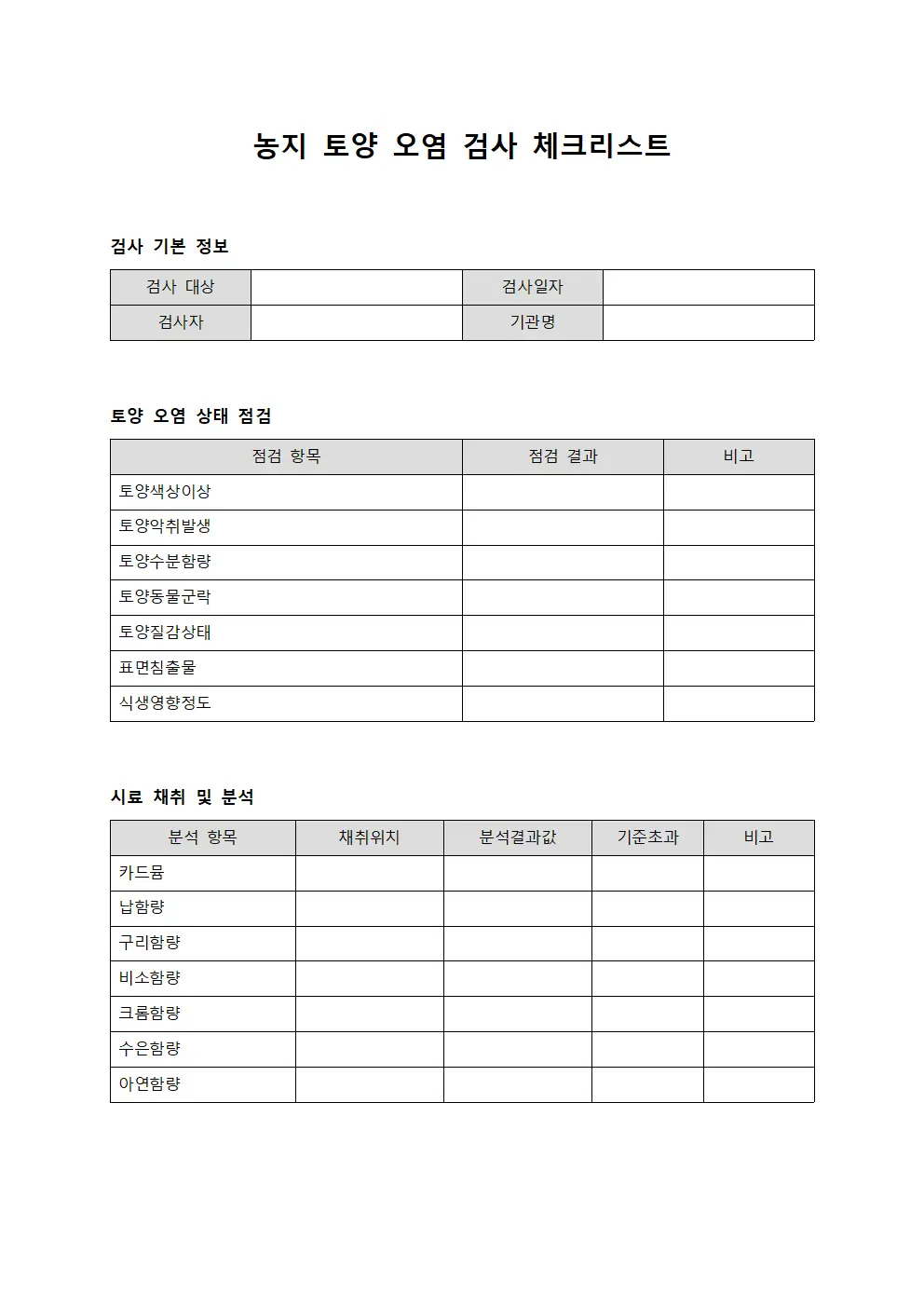 농지 토양 오염 검사 체크리스트