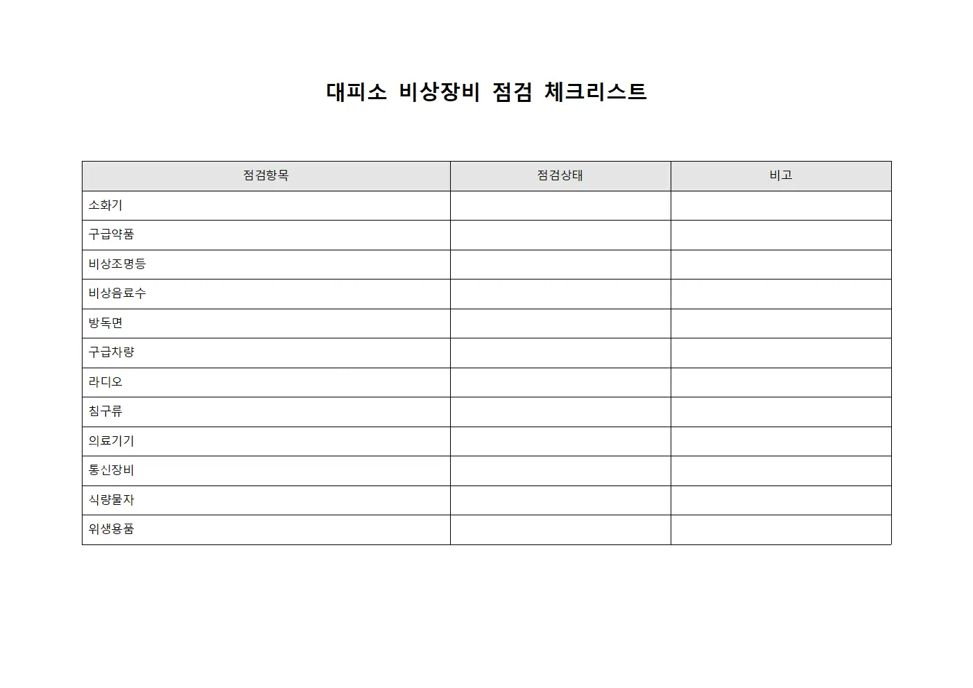 대피소 비상장비 점검 체크리스트 양식.서식