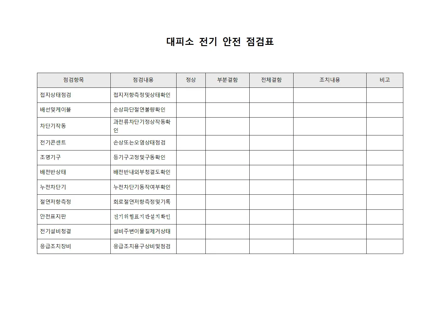 대피소 전기 안전 점검표 서식문서