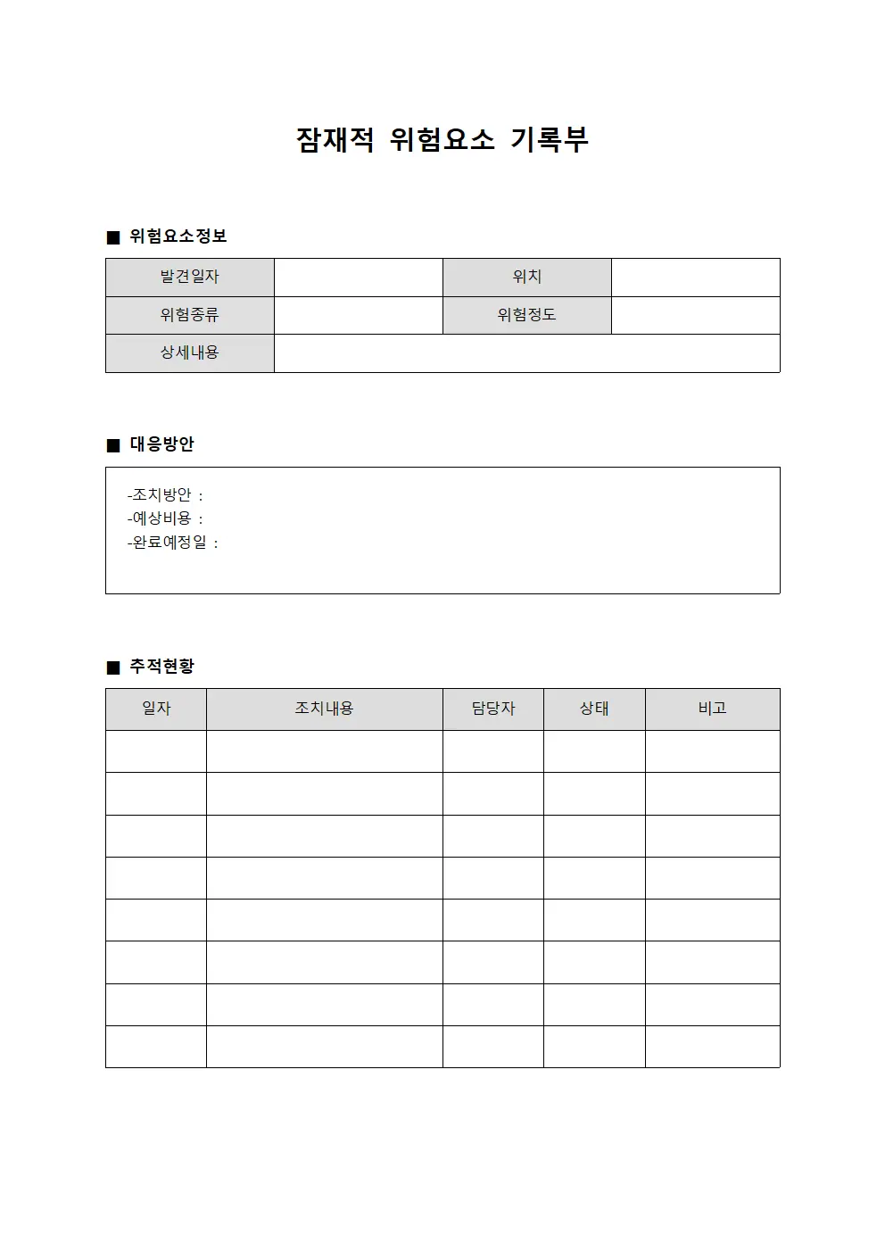 잠재적 위험요소 기록부 서식문서