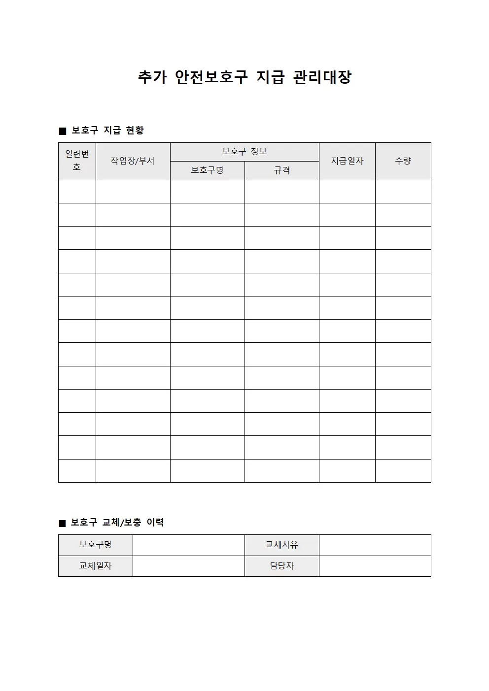 추가 안전보호구 지급 관리대장 양식